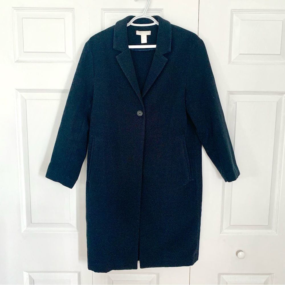H&M Navy Blue One Button Closure Midi Length Coat Women’s Size 4